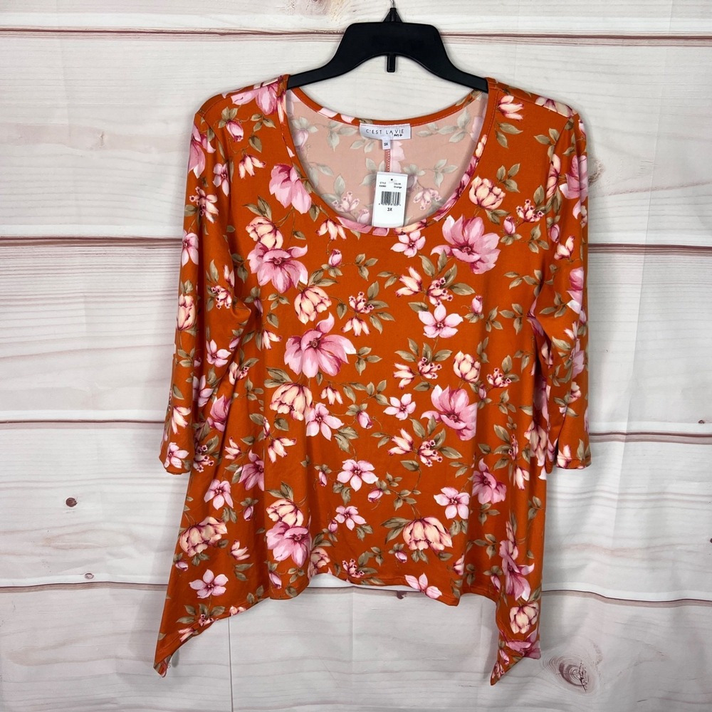 C'est La Vie Top Womens 3X Orange Floral Blouse Handkerchief Hem 3/4 Sleeve Knit
